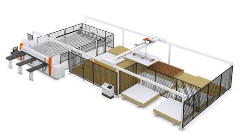 Plate storage system loaded with pressure beam saw - the entry-level version for the trades Plate storage STORE-MASTER by HOLZHER with TECTRA panel saw
